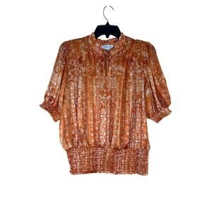 Rachel Zoe Designer Blouse Large Whimsical Print Smock Waist Vintage Inspired